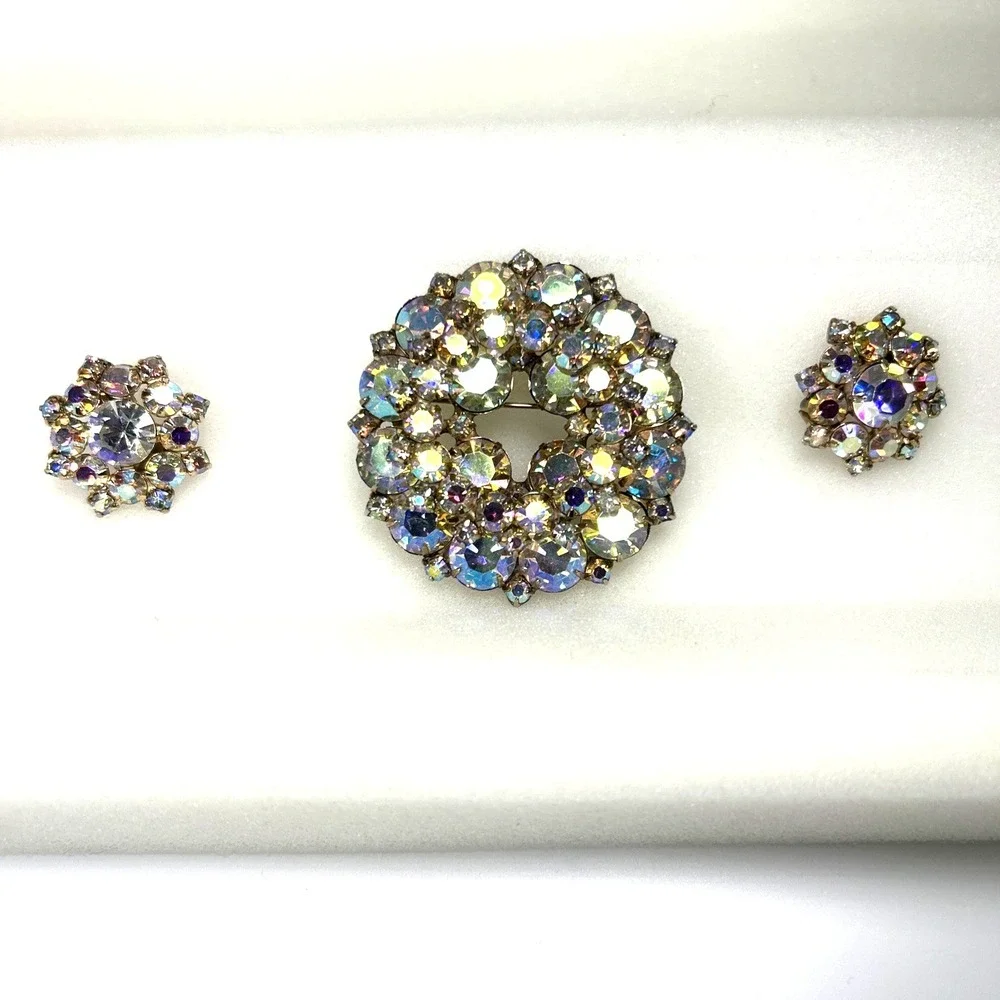 Brooch and Earring Set AB Aurora Borealis Rhinestones Large Vintage Prong Set